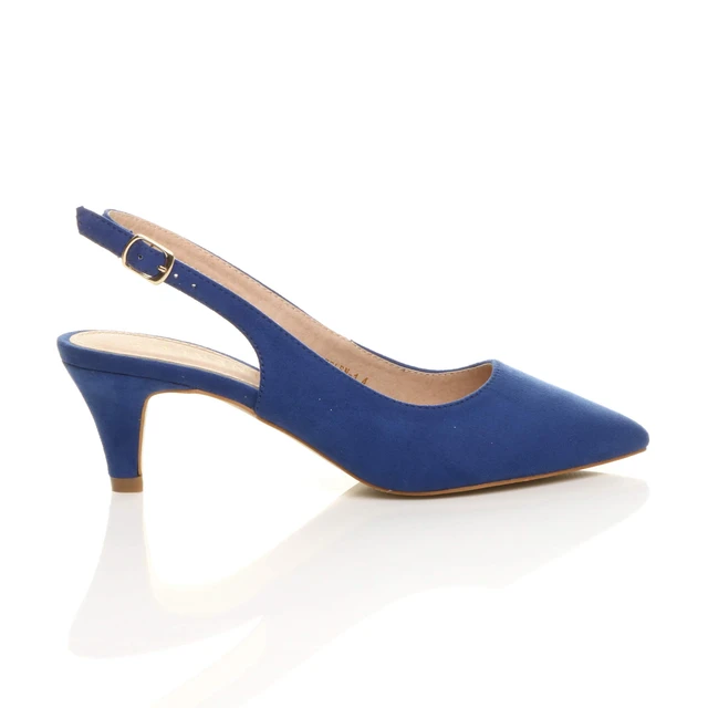 Right side view of Cobalt Blue Suede Low Mid Heel 50s Slingback Buckle Pointed Open Back Shoes