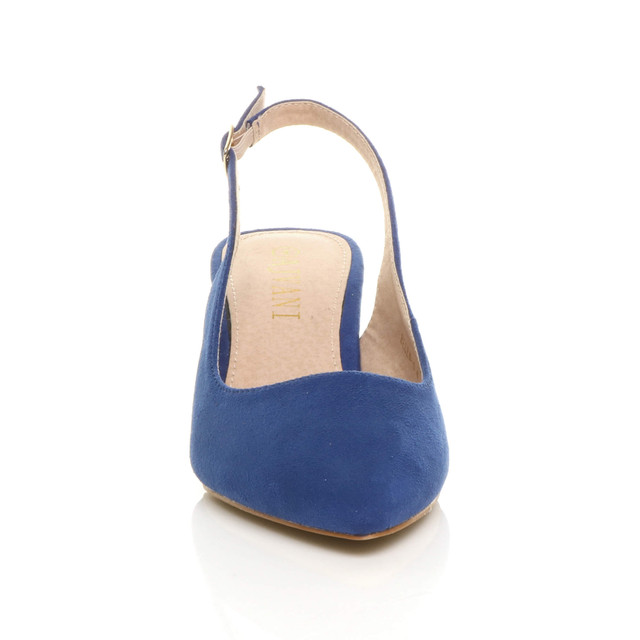 Front view of Cobalt Blue Suede Low Mid Heel 50s Slingback Buckle Pointed Open Back Shoes