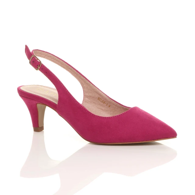 Front right side view of Fuchsia Pink Suede Low Mid Heel 50s Slingback Buckle Pointed Open Back Shoes