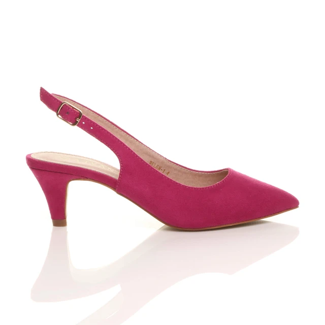 Right side view of Fuchsia Pink Suede Low Mid Heel 50s Slingback Buckle Pointed Open Back Shoes