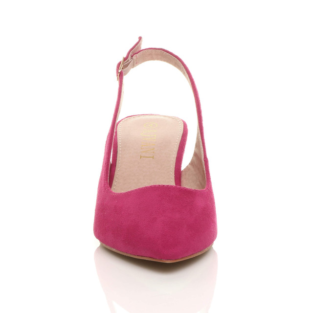 Front view of Fuchsia Pink Suede Low Mid Heel 50s Slingback Buckle Pointed Open Back Shoes