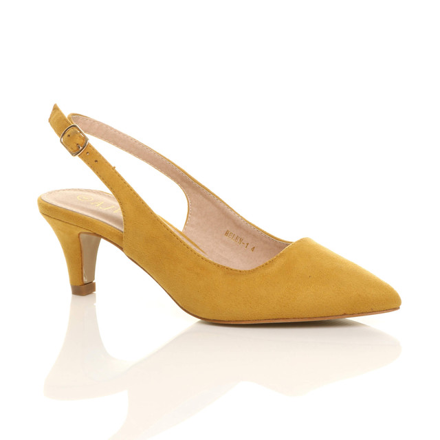 Front right side view of Mustard Suede Low Mid Heel 50s Slingback Buckle Pointed Open Back Shoes