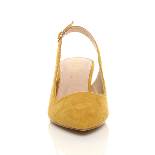 Front view of Mustard Suede Low Mid Heel 50s Slingback Buckle Pointed Open Back Shoes
