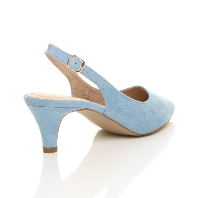 Back right side view of Pale Blue Suede Low Mid Heel 50s Slingback Buckle Pointed Open Back Shoes