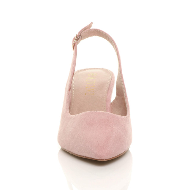Front view of Pale Pink Suede Low Mid Heel 50s Slingback Buckle Pointed Open Back Shoes