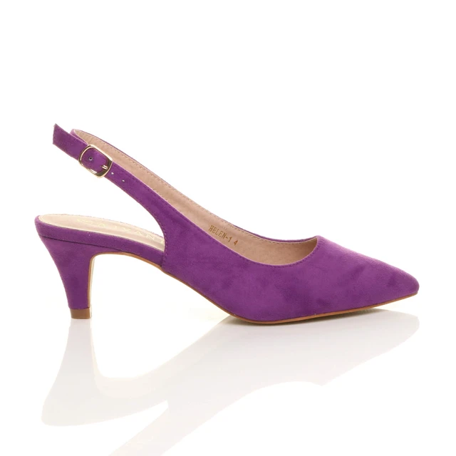 Right side view of Purple Suede Low Mid Heel 50s Slingback Buckle Pointed Open Back Shoes