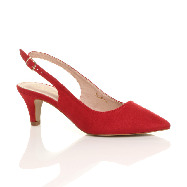 Front right side view of Red Suede Low Mid Heel 50s Slingback Buckle Pointed Open Back Shoes