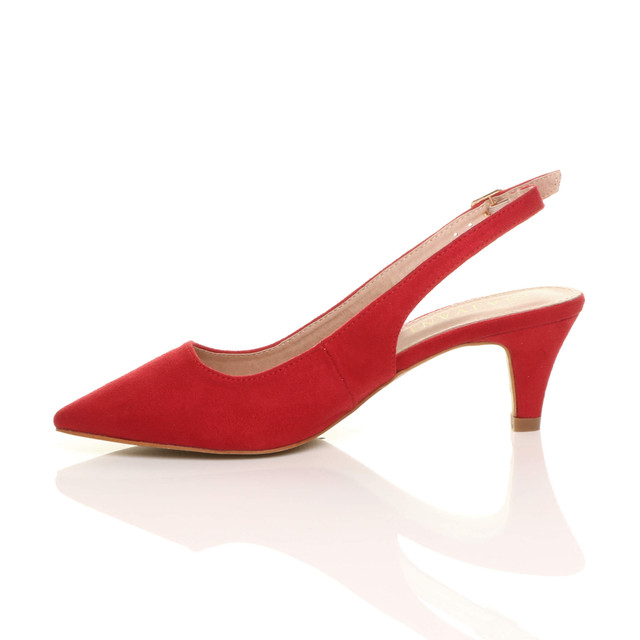 Left side view of Red Suede Low Mid Heel 50s Slingback Buckle Pointed Open Back Shoes