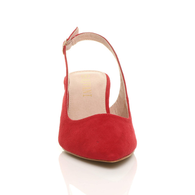 Front view of Red Suede Low Mid Heel 50s Slingback Buckle Pointed Open Back Shoes