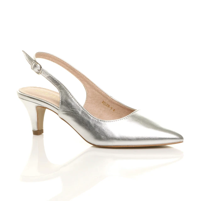 Front right side view of Silver PU Low Mid Heel 50s Slingback Buckle Pointed Open Back Shoes