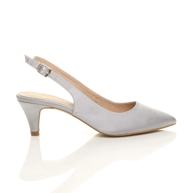 Right side view of Silver Satin Low Mid Heel 50s Slingback Buckle Pointed Open Back Shoes