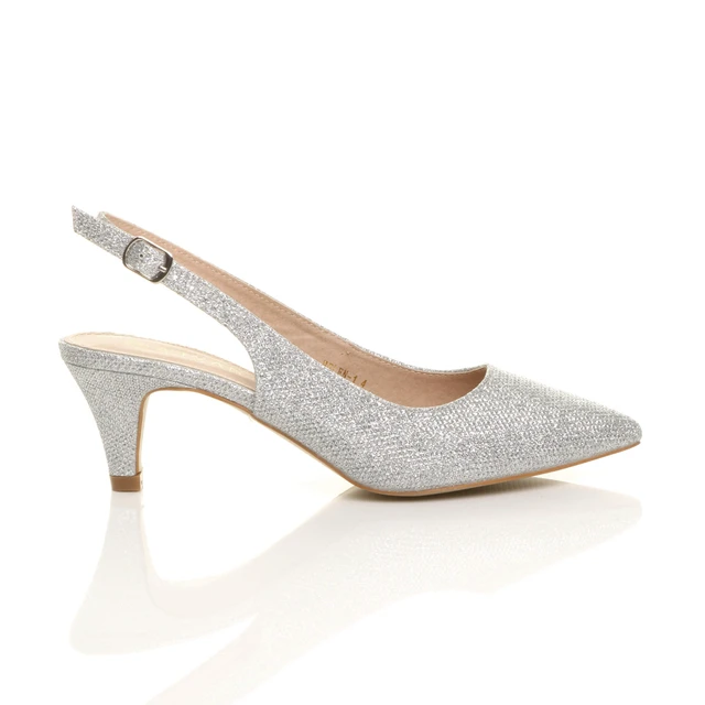 Right side view of Silver Glitter Low Mid Heel 50s Slingback Buckle Pointed Open Back Shoes