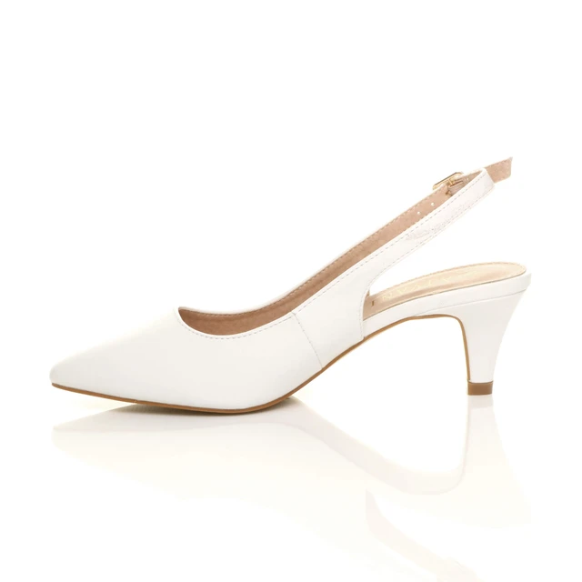 Left side view of White PU Low Mid Heel 50s Slingback Buckle Pointed Open Back Shoes