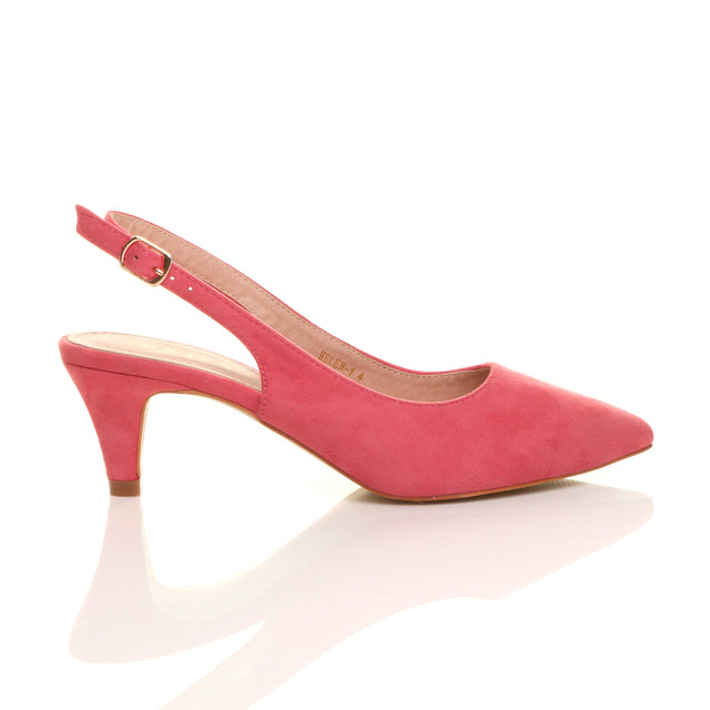 Right side view of Coral Suede Low Mid Heel 50s Slingback Buckle Pointed Open Back Shoes