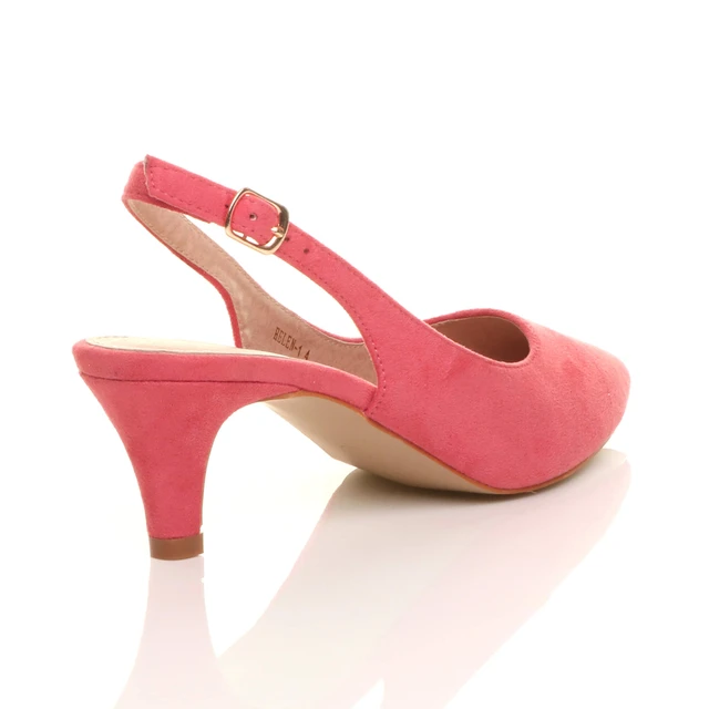 Back right side view of Coral Suede Low Mid Heel 50s Slingback Buckle Pointed Open Back Shoes