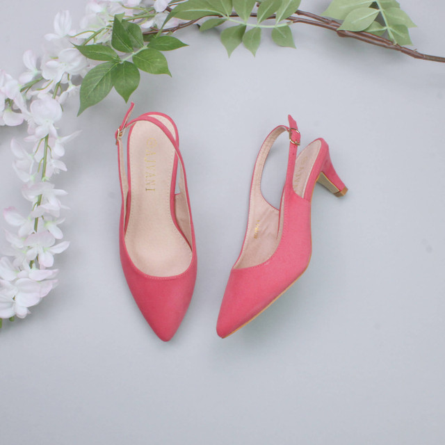 Coral Suede Low Mid Heel 50s Slingback Buckle Pointed Open Back Shoes