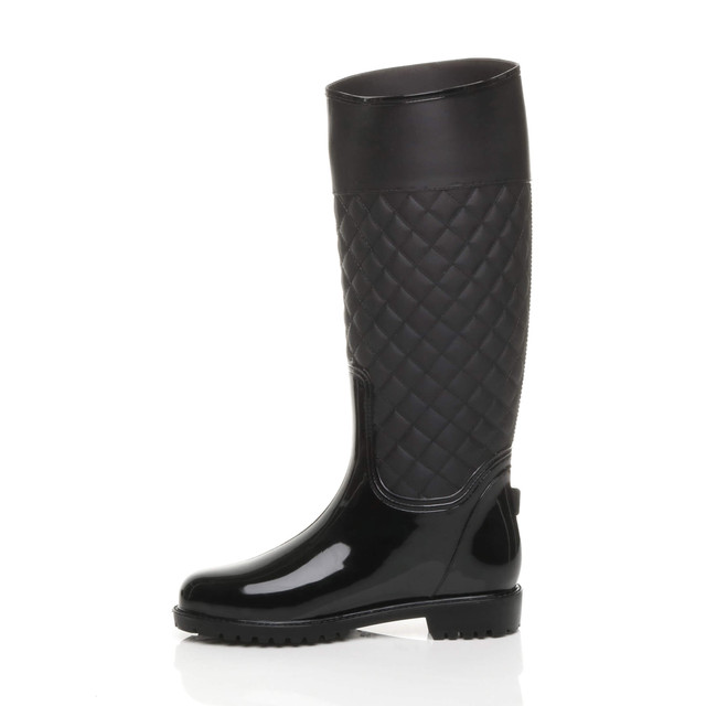 Left side view of Black Patent Quilted Festival Waterproof Wellington Boots Wellies