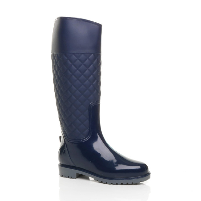 Front right side view of Navy Patent Quilted Festival Waterproof Wellington Boots Wellies