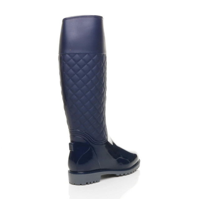 Back right side view of Navy Patent Quilted Festival Waterproof Wellington Boots Wellies
