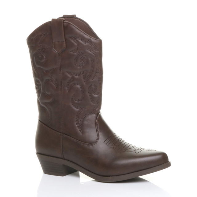 Front right side view of Brown PU Pull On Cowboy Calf Boots