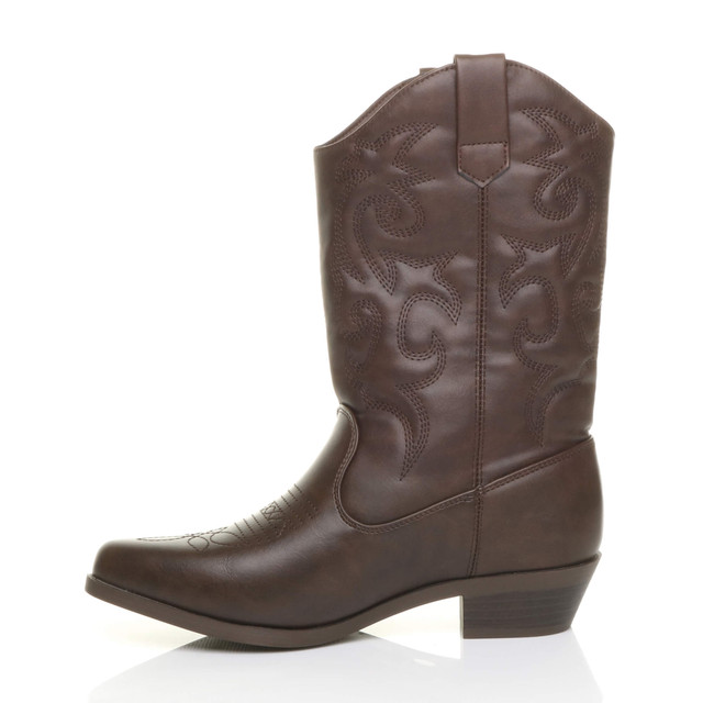 Left side view of Brown PU Pull On Cowboy Calf Boots
