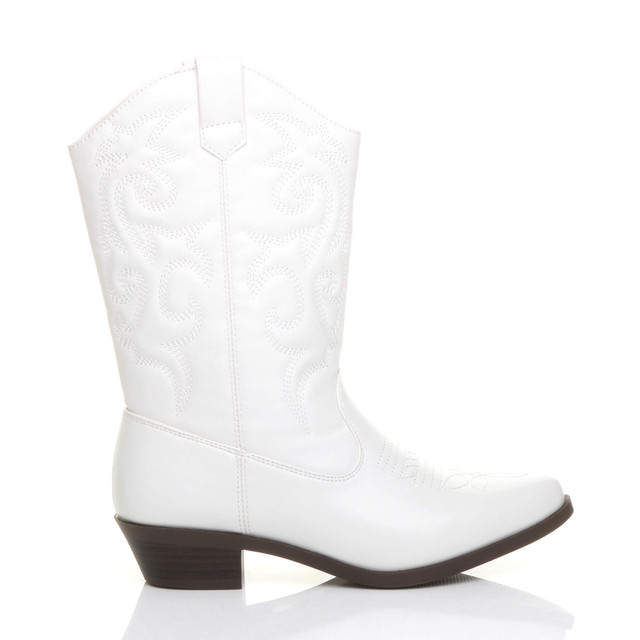 Right side view of White PU Pull On Cowboy Calf Boots