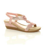 Womens Mid Wedge Heel Diamante Beaded T-Bar Slingback