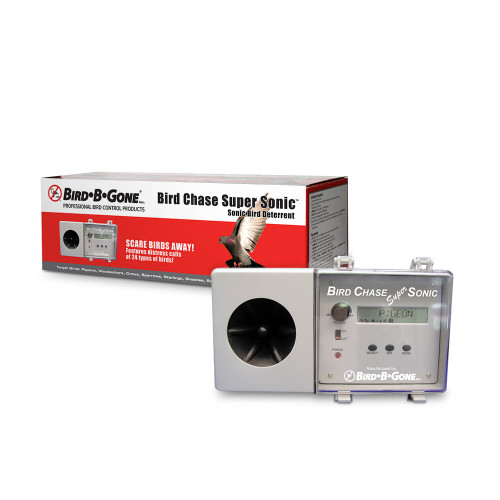 Scare birds away with Bird B Gone Bird Chase Super Sonic shown with packaging