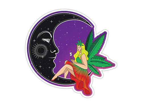 Smoking Weed Goddess on Moon Sticker