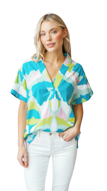 Laurel Blouse in Pool Blue Watercolor Ikat