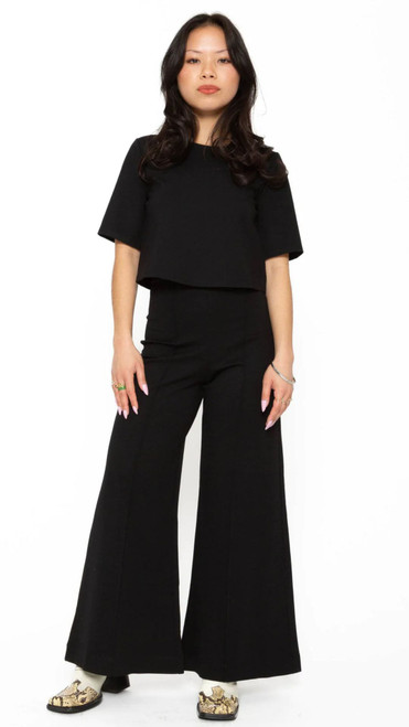 Ponte Knit Wide Leg Pant: Cropped- Black