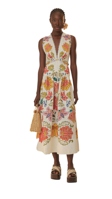 Floral Insects off White V Neck Sleevless Maxi Dress