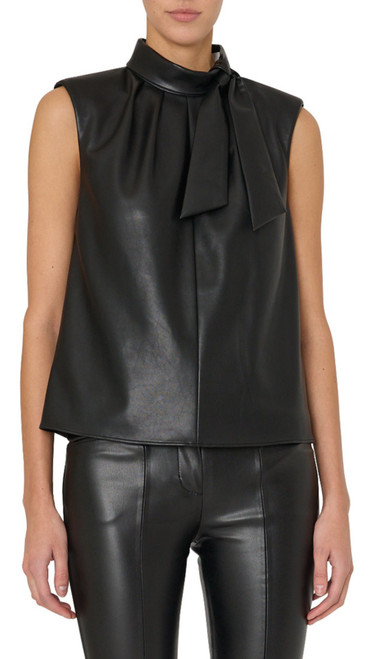 London Vegan Leather Tie Neck Top