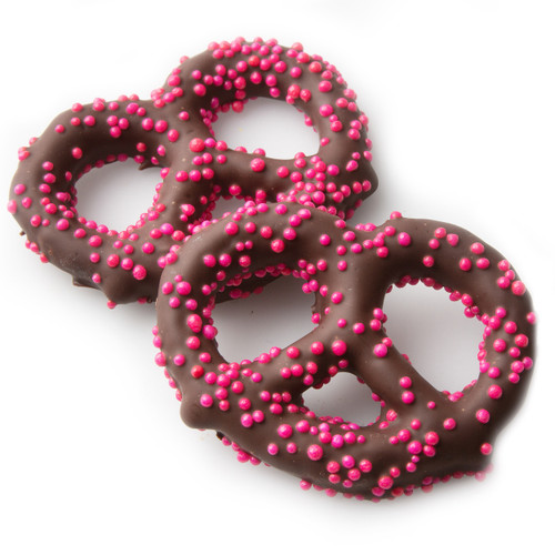 Belgian Dark Chocolate Covered Pretzels with Pink Pearls Belgian Dark Chocolate Covered Pretzels with Pink Pearls