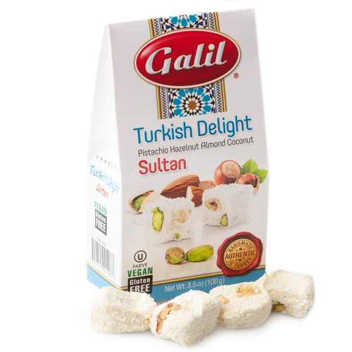 Pistachio, Hazelnut, Almond & Coconut Turkish Delight - 3.5oz Box Pistachio, Hazelnut, Almond & Coconut Turkish Delight - 3.5oz Box