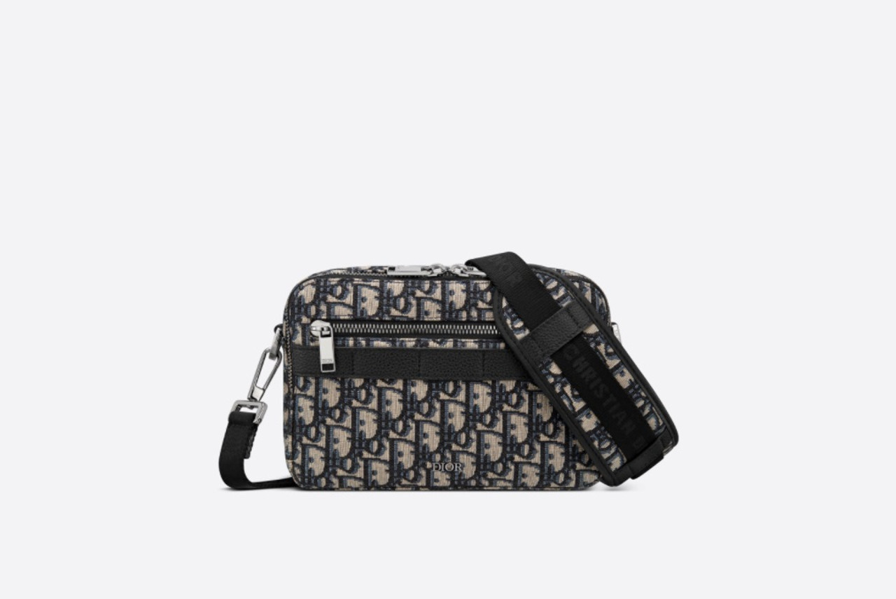 Mini Saddle Bag with Strap Beige and Black Dior Oblique Jacquard and Black  Grained Calfskin