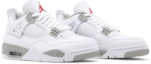 The Air Jordan 4 Retro ‘White Oreo’ features a design theme that recalls the original ‘Oreo’ AJ4 from 1999. The black tumbled leather upper of the older shoe is replaced by a clean white finish, though the speckled molded eyelets in Tech Grey remain the same. The neutral hue is repeated on the Jumpman heel logo and polyurethane midsole, featuring encapsulated Air cushioning in the forefoot and a visible unit under the heel. A second Jumpman adorns the tongue in a contrasting pop of Fire Red.