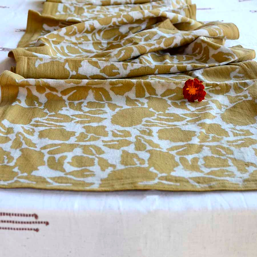 yellow blockprint fabric table runner