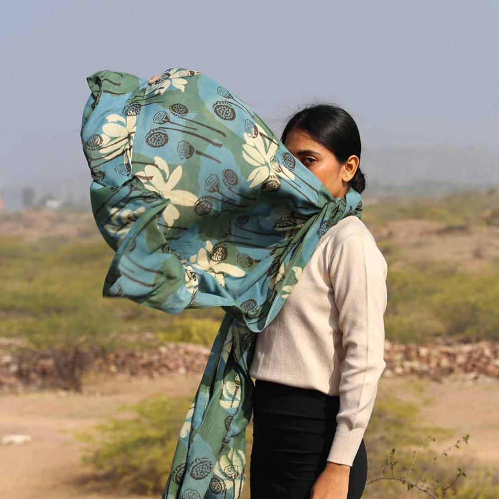 Cotton Silk Block printed Women Scarf/Wrap - Lotus Garden