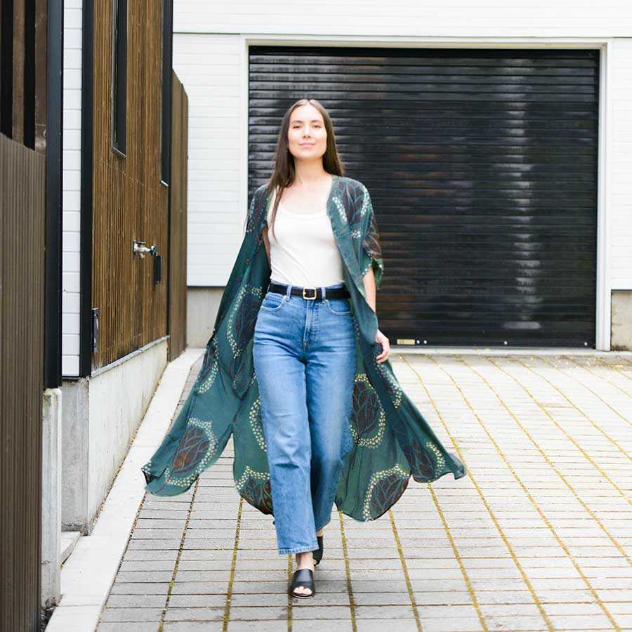 Green Silky Block print women's luxurious kaftan Dress - Heera Sample