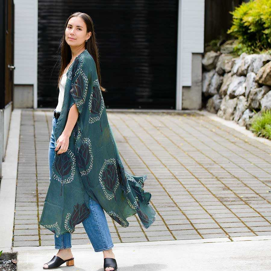 Green Silky Block print women's luxurious kaftan Dress - Heera Sample