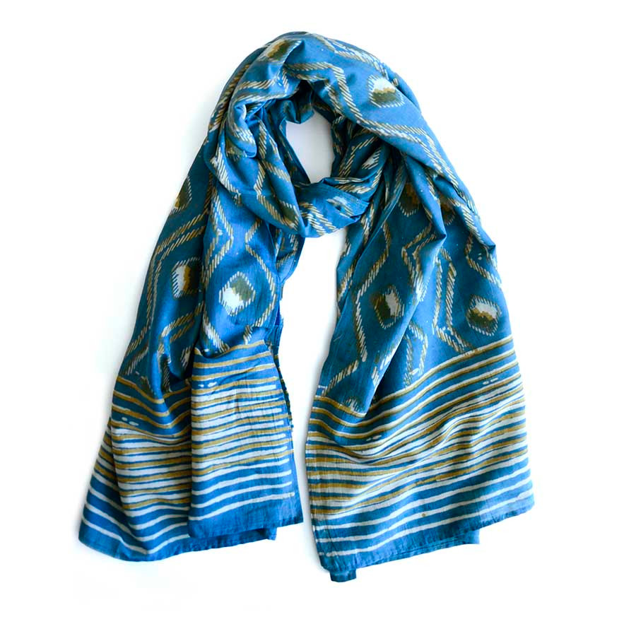 Buy Muted Gold Blue Cotton Silk Unisex Scarf | Bali by ichcha