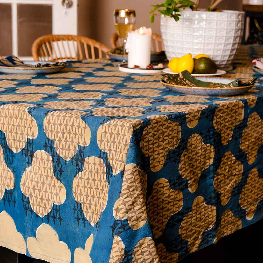 Indigo and Gold Block Print Tablecloth - Mali SAMPLE