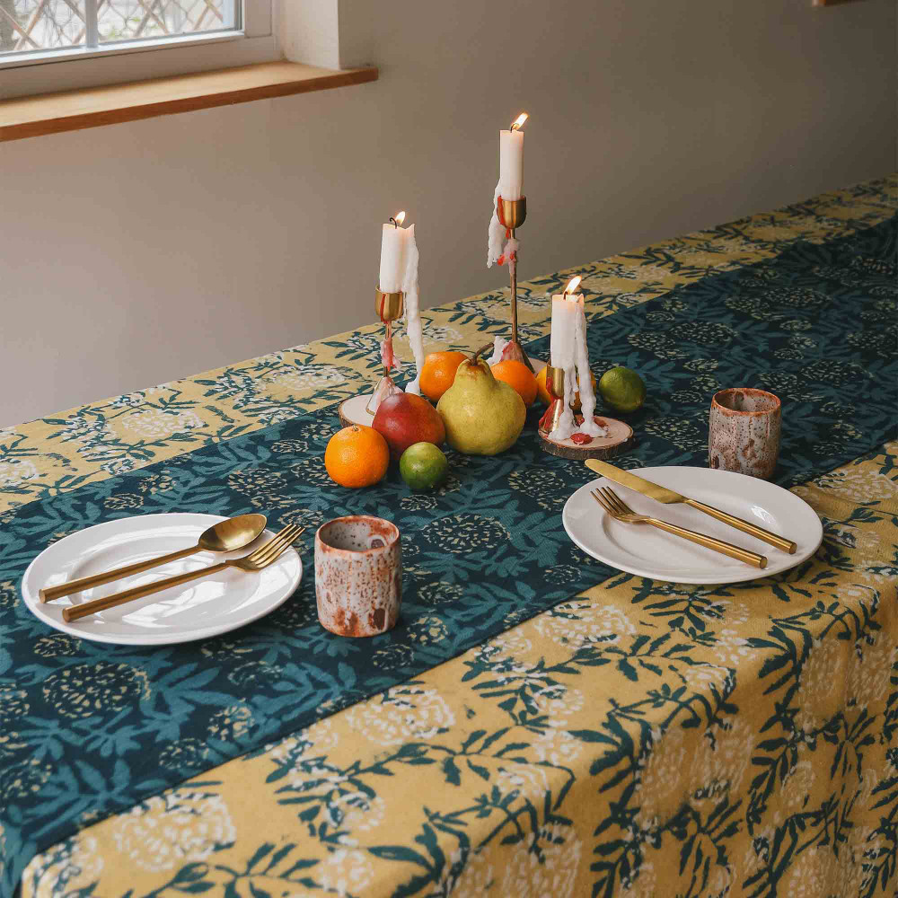 floral block print table runner