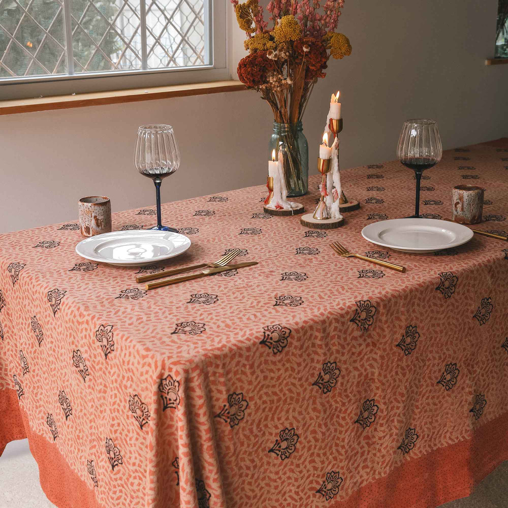 coral pink tablecloth