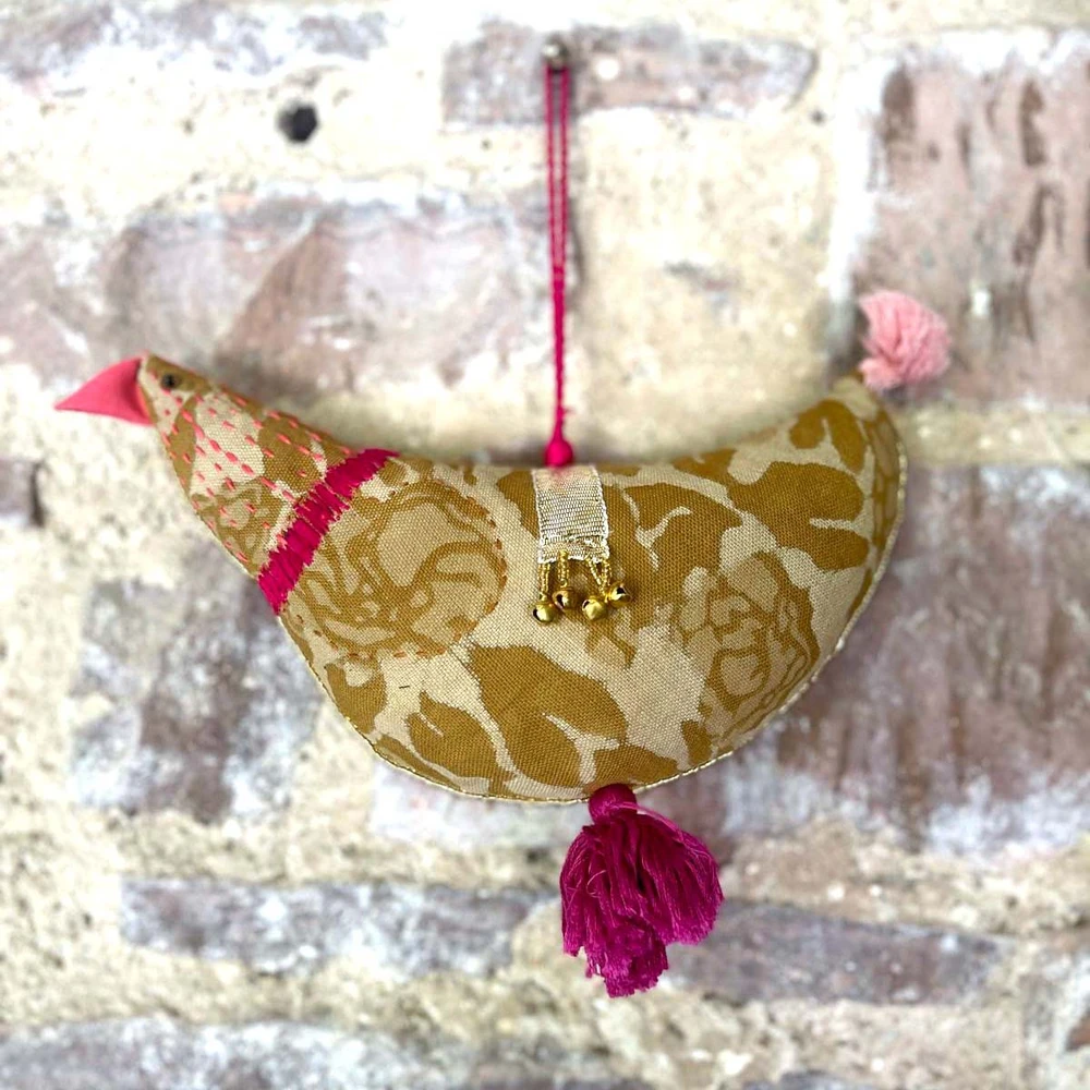 block print fabric hen
