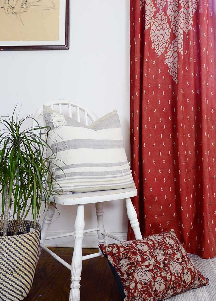 red block printed curtains