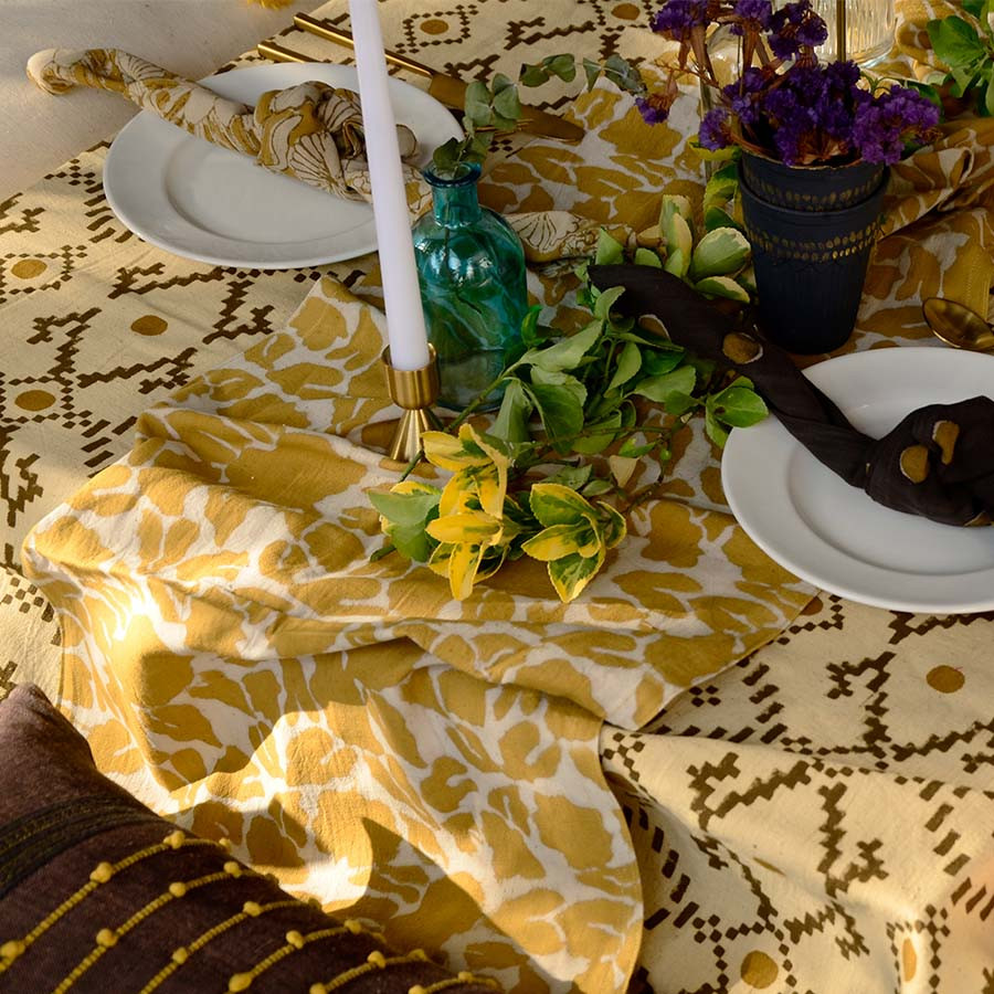 floral yellow block print table runner