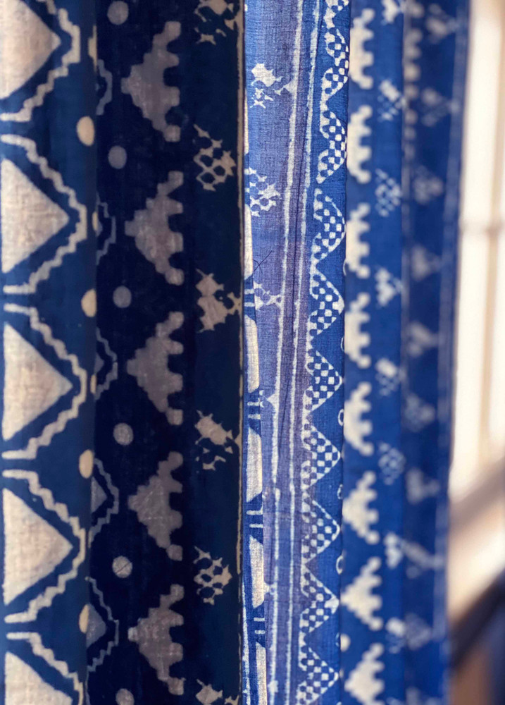 blue block print curtains