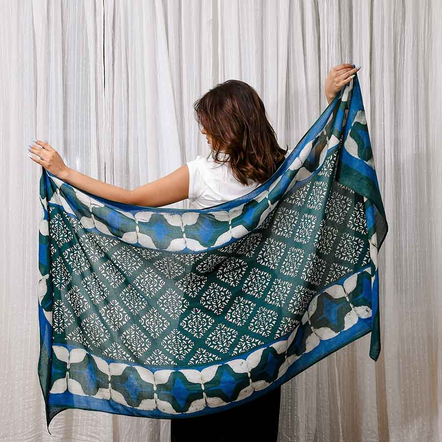 large blue block print scarf